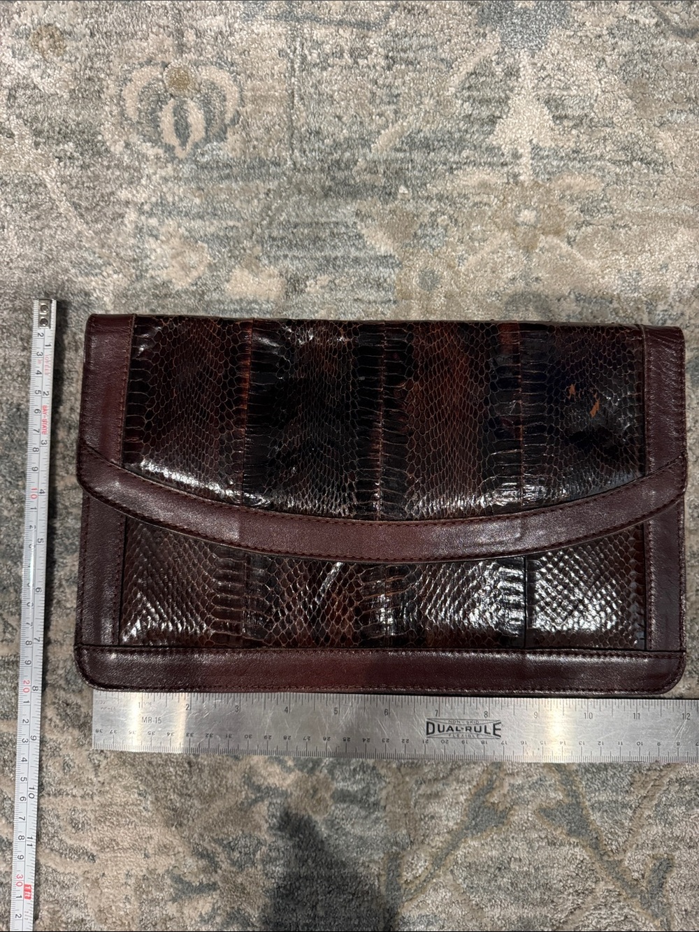 Brown Patent Snakeskin Clutch
